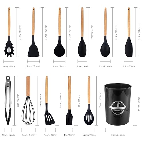 Kitchen Utensil Set 12 PCS Silicone Cooking Utensils Set with Wooden Handle Non-Stick Cooking Spoons Utensil Sets Silicone Kitchen Utensils Set Heat Resistant Kitchen Tools Heat Resistant Set (Black) - Image 6