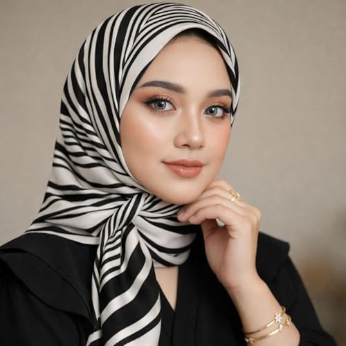 Image of Women's Polyester Striped Scarf - Soft Lightweight Long Stole | Elegant Black and White Striped Print Neck Wrap | Stylish Fashion Scarf for Women Casual Office Wear