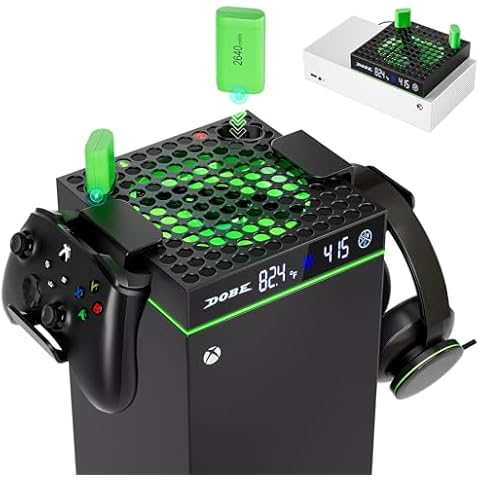 Cooling Fan with Charger Stand for Xbox Series X/S, Automatic Fan Speed Adjustable by Temperature, 2 X 1100mAh Rechargeable Battery, LED Display, Low Noise, 2 USB Ports & 2 Controller Stand Cover