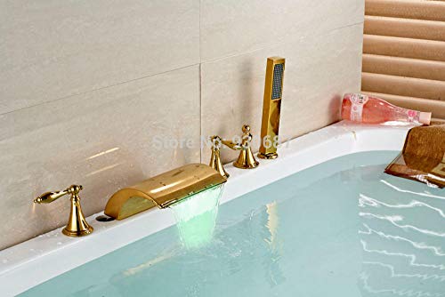 Bath & Shower Systems Shower Taps Color Changing LED Bathtub Faucet Gold Finish Three Handles Mixer Tap Centerset