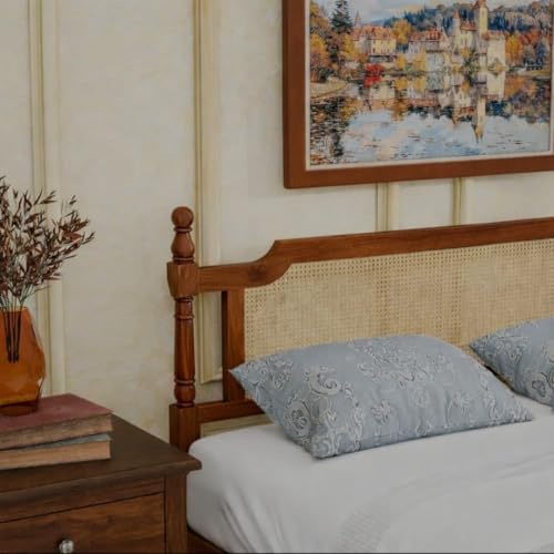 Image of JANGHU FURNITUREWALA Wooden /Rattan /Cane /Queen Size Bed Without Storage -Sheesham Wood -King Cot -Palang -Bed Stylish Bedroom Furniture /Hotel Furniture (Flor De Cerezo, Honey Finish) Rattan /Cane Bed