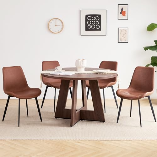 Image of 47 inch Round Dining Table Set for 4 with Chairs Kitchen Table and Chairs Set Mid-Century Modern Round Wood Kitchen Tables with Upholstered Synthetic Leather Chairs Set of 4