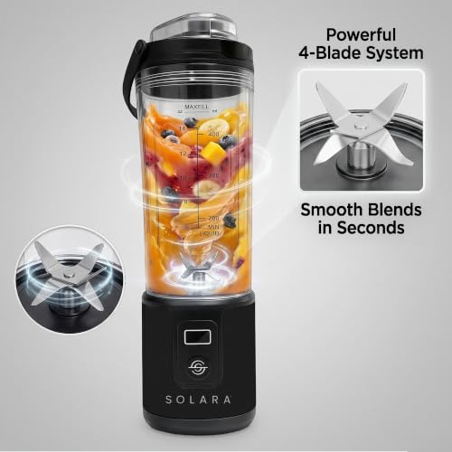 Image of SOLARA Blendkwik Pro Portable Blender - USB Rechargeable, 4000mAh, 180W, 450ml, for Smoothies, Juices & Ice Crushing - Black Knight