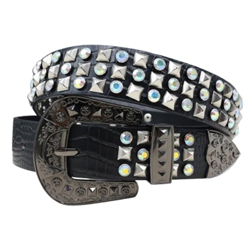 Crocodile Pattern Embossed Studded Belt,Shiny Rhinestone Four-Jaw Square Rivets Western Waist Strap for Women Men