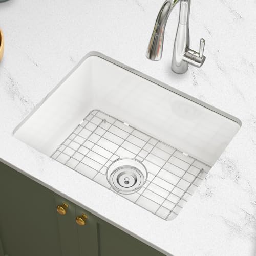 Image of Undermount Kitchen Sink 24 Inch, Small Deep Drop in Bar Sink Topmount, Fireclay Dual Mount White Farm Sink with 2 Accessoried, for Small Kitchen Island & Laundry