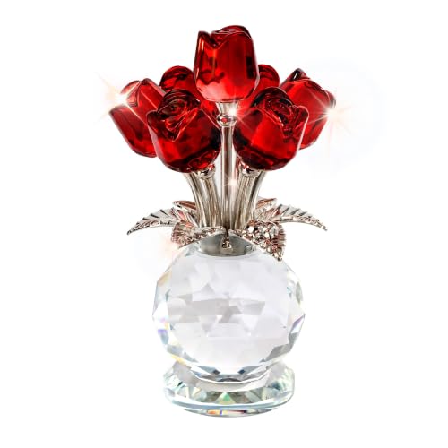 Crystal Red Rose Flower Collectible Figurine with Base Glass Rose Figurine
