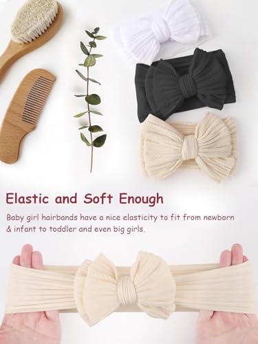 3 Stück Baby Turban Stirnband Baby Mädchen Nylon Stirnbänder Schleife Stirnband Weiche Schleife Kopfbedeckung Elastische Haarbänder für Neugeborene, Kleinkinder (Weiß Beige schwarz, eine Größe)