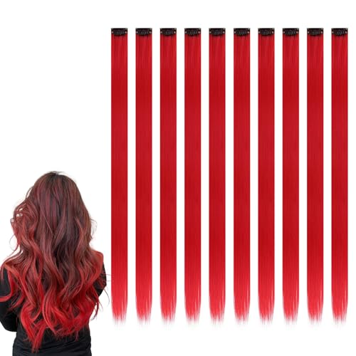 10 Pièces Extensions a Clip Cheveux Couleur, 22 Pouces Extension de Raides Cheveux Colorés, pour Femmes Filles Party Festival Cosplay, Rouge