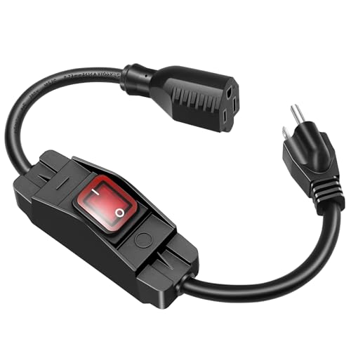 Outdoor Extension Cord with On/Off Waterproof Switch 15A 125V Grounded 3-Prong Plug Heavy Duty 1875W Short Outdoor Extension Cord for Lights Black 14/3 SJTW Switch Cord Outdoor Light Control(1.5FT
