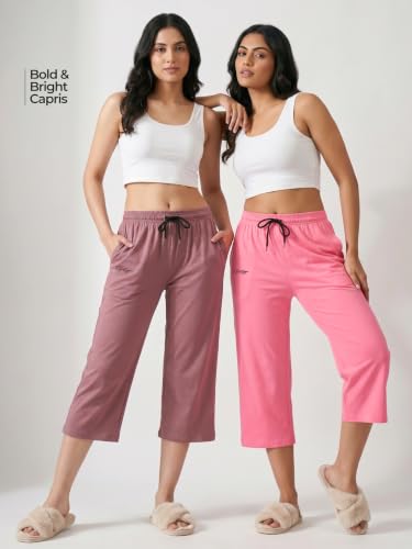 Image of Fflirtygo Women's Cotton Plain Calf Length Capri | Nightwear Short Pyjama | 3 /4th Solid Pyjama Pant | Regular Fit Casual & Lounge Wear Capri Combo (Pack of 2)