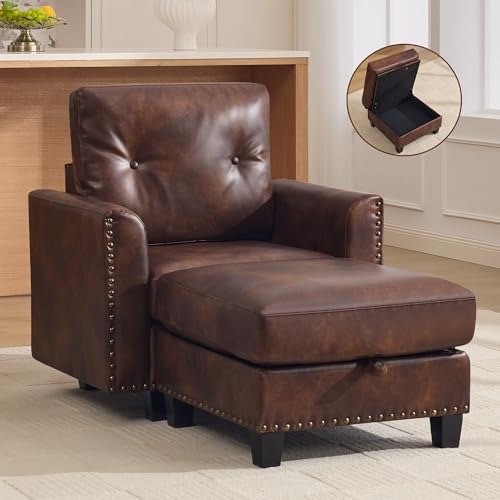 Image of 34.3 inch Faux Leather Modular Sectional Single Couch with Storage Ottoman, Vintage PU Leather Lounge Sofa Chair with Nailhead Trim, Mid Century Modern Tufted Couches for Living Room,Bedroom,Office, Brown