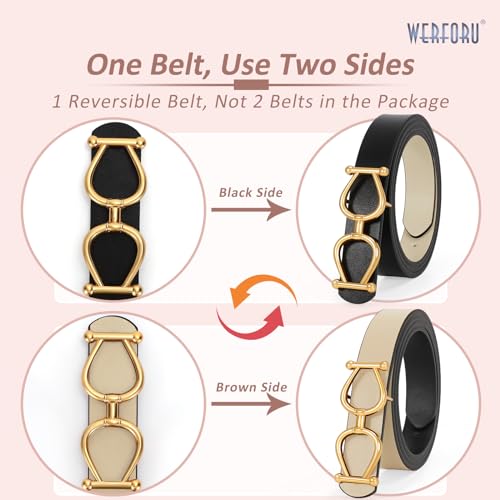 WERFORU Women Reversible Leather Belt for Women, Two-in-One Women Gold Buckle Leather Belt for Jeans Dress,Black/Beige, 43.3 Inches Length,Fit Waist Size 29 Inches-35 Inches3