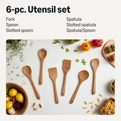 Amazon Basics Wooden Spoons & Cooking Utensils, 6-Piece Set, Acacia Wood, Pre-Oiled, Cookware-Safe, Ideal for Nonstick - image 2