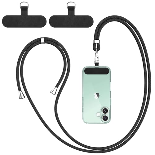 Vancle Cordon para Movil Universal, con 2 Parches Duraderos, Cuerdas Ajustables de 1,6m, Correa Cruzada para el Cuello y Muñeca, Compatible con Mayoría de Las Fundas de Teléfono (Negro)