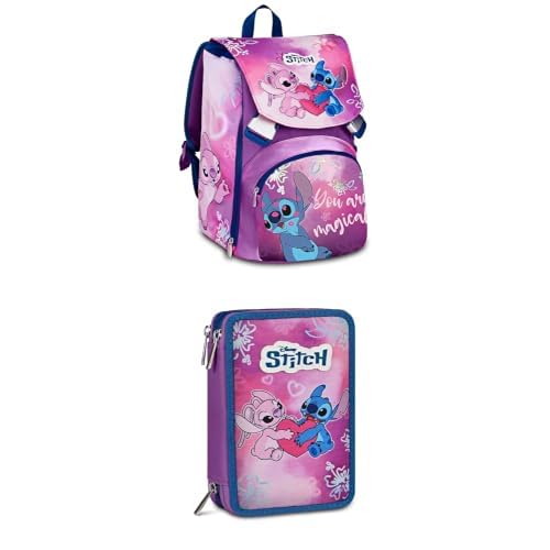 Seven Bundle Stitch Zaino scuola elementare Estensibile Bambina e Ragazza, viola + Astuccio Lilo & Stitch 3 Zip con contenuto