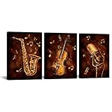 sechars Music Canvas Prints Saxophone Violin Microphone Picture Wall Decor Vintage Musical Jazz Artwork for Music Studio Classroom Decoration (Small)
