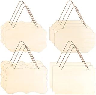 Chstarina 12pcs Unfinished Hanging Wood Sign, Blank Decorative Wood Plaques, Wooden Slices Banners with Ropes, Nature Wooden Banners for Pyrography Painting Writing DIY Craft