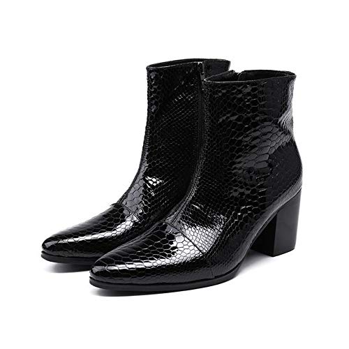 Image of Rui Landed Ankle Boots For Men Pointed Captoe Patent Snakeskin Embossed Inner Zipper Heeled Elevator Patent Genuine Leather Shoes(9)