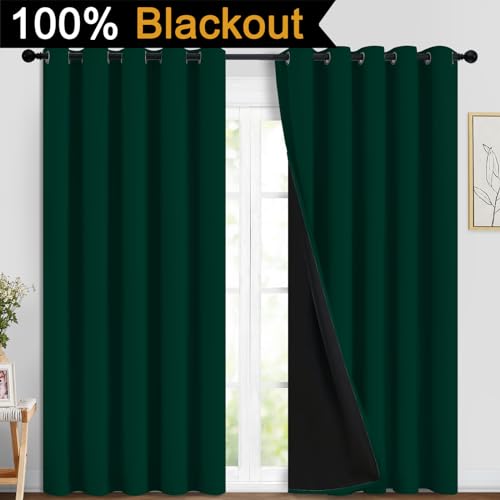 Image of Yakamok Dark Green 100% Blackout Curtains 84 Inches Long 70 inch Wide 2 Panels | Blackout Curtain Panels for Bedroom, 2 Thick Layers Grommet Top Thermal Insulated Drapes with Black Liner for Living Room
