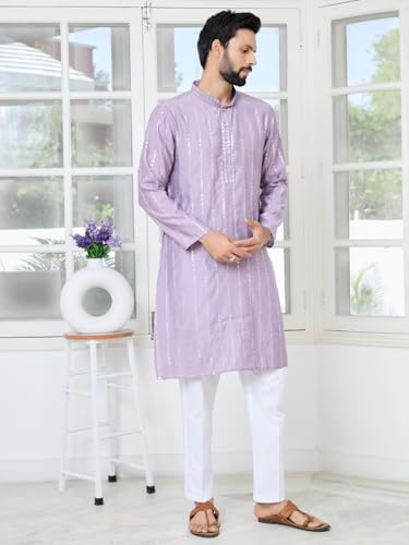 Image of See Designs Men's Full Sleeve Mandarin Collar Sequins Embroidered Straight Long Kurta - Festive Collection