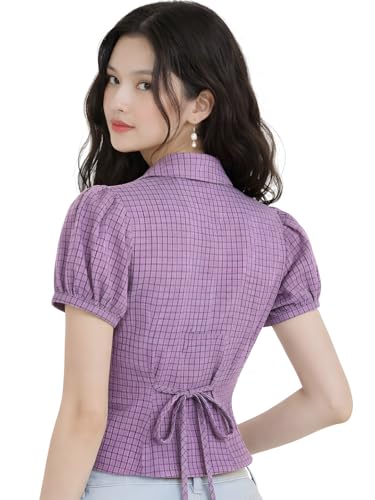 Image of Women V-Neck Puff Sleeve Crop Top with Back Tie-Up Detail
