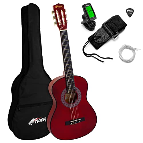 Tiger CLG4-RDTU Guitarra Clásica Española 3/4 – Ideal para Principiantes y Jóvenes Músicos de 9+ años - Acordeón, Funda, Pua, Correa y Cuerdas de Repuesto Incluidos – Rojo – Tamaño Tres Cuartos