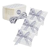 50Pack Pillow Gift Box Small Candy Boxes Party Favors Treat Wedding Favor Paper Cardboard with Ribbon for Jewelry Crafts Chocolate Cookies Packaging 3.5x2.5inch, silver flower