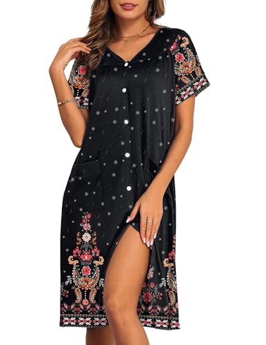 Image of Ekouaer House Dresses for Women with Pockets Button Down Nightgowns Plus Size Moo Moos Mumu Dresses Floral Print S-3XL