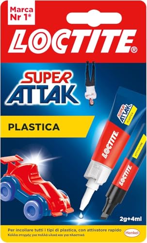 Loctite Super Attak Plastica, Colla per plastica istantanea, Adesivo liquido trasparente specifico per tutti i tipi di plastica, Colla cianoacrilica con attivatore, 2g+4ml