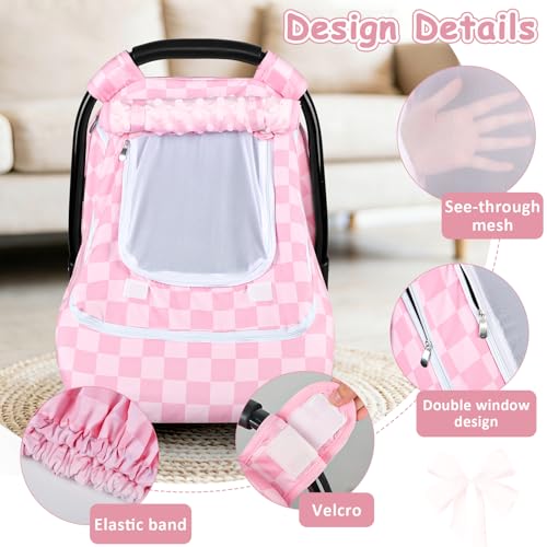 Image of Baby Car Seat Cover with Mesh Window, Windproof Carseat Cover for Infant Girls, Infant Carseat Canopy with with Dual Zipper, Compatible with Most Baby Car Seat, Pink Checkered