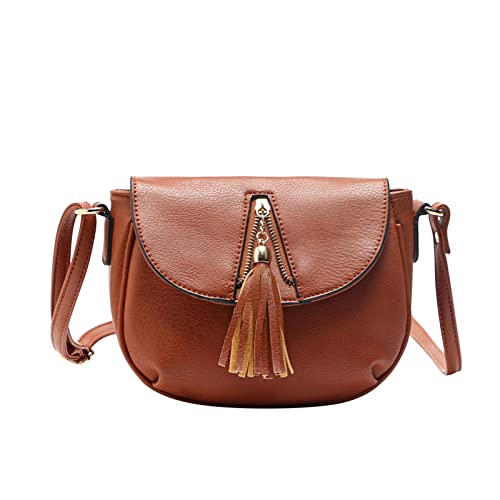 NJGRAE Damen Kleine Umhängetasche Crossbody Messenger Bag Damenmode, einfarbig, , große Kapazität, verstellbare Schulterschnalle, vielseitige Schultertasche mit Quasten (Brown, One Size) Cover