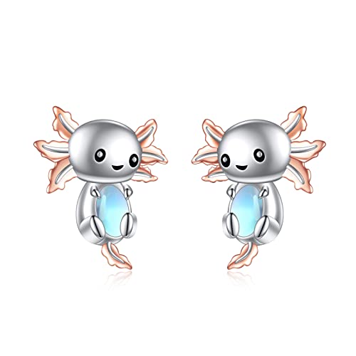 Axolotl/Cat/Owl/Elephant/Fox/Cow/Monkey/Frog Earrings for Women Sterling Silver Moonstone Cat's Eye Stone Aquamarine Turquoise Pearls Stud Earrings Jewelry Gifts for Women
