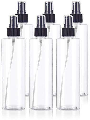 Clear 8 oz / 250 ml Professional Cylinder PET Plastic Bottles (BPA Free) with Black Fine Mist Sprayer (6 Pack)