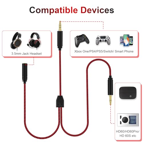 Image of HD60 Chat Link Audio Adapter Replacement, 6.9ft, Red, 3.5mm Male-to-Male, Gaming Cables, Compatible with Elgato HD60 Series, Switch PS5 PS4 Xbox One X /S, Headphones