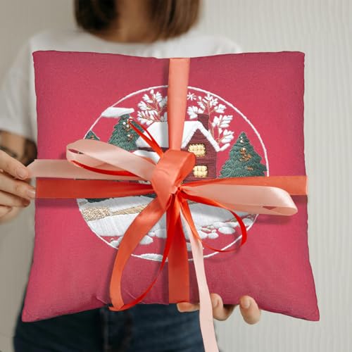 Image of FONNUY Christmas Embroidery Kit for Beginners, Throw Pillow Case Cross Stitch Set Winter Snow House Holly Tree Pattern for Adults, Hand Works Crafts Throw Pillow Cover, 18 x 18'' (Red)