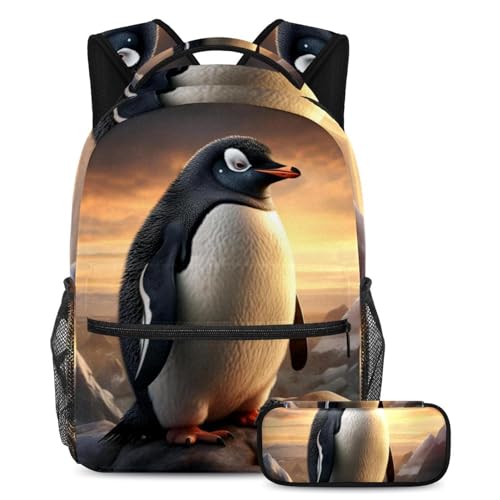 Sac à dos pingouin mignon avec trousse assortie pour l'école des ados