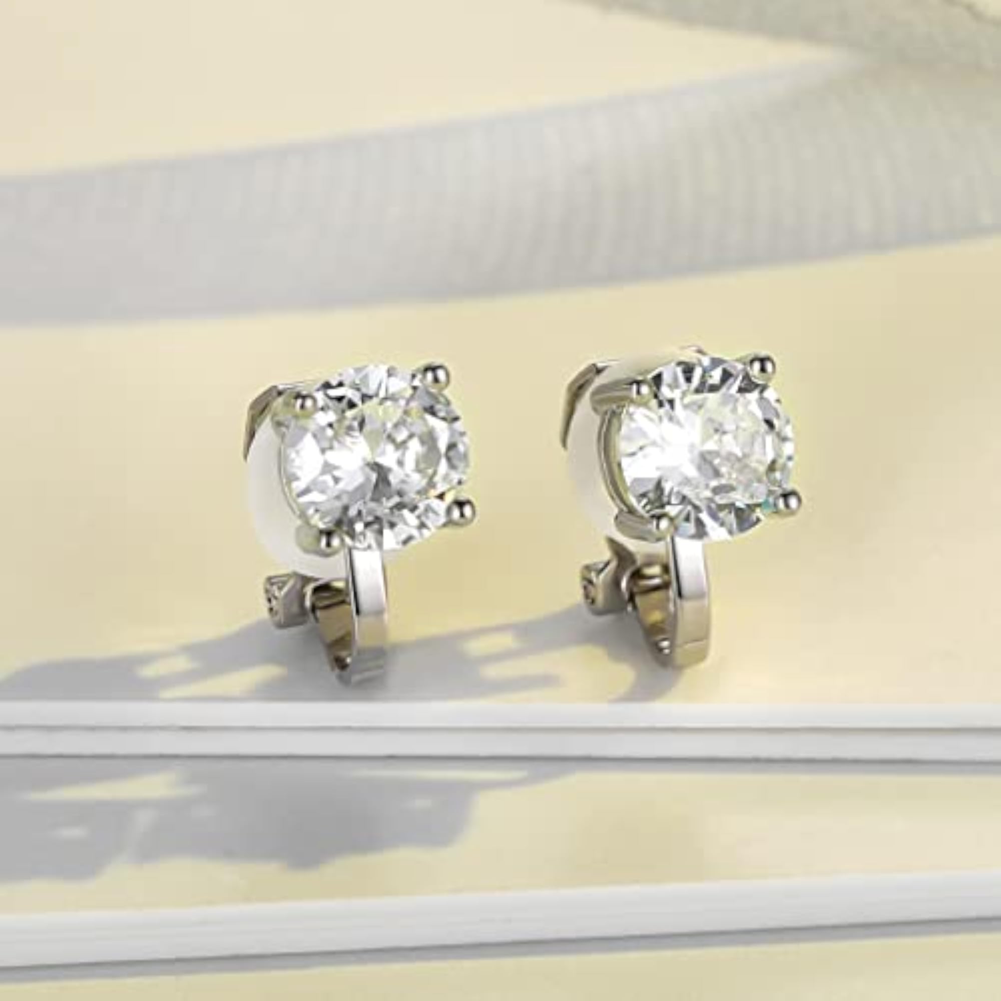 Clip-On Stud Earrings with Cubic Zirconia, No Pierced Ear