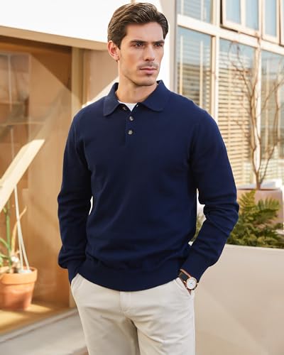 Kallspin Men's Cotton Knit Polo Sweater Classic Casual Long Sleeve Collared Pullover Sweater2
