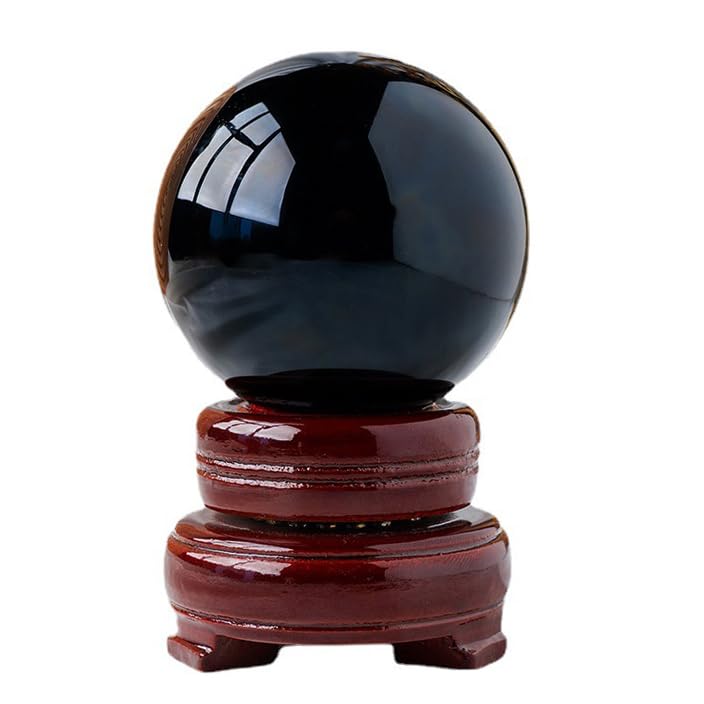 Bola de Cristal, Esfera de Cristal, Escultura, estatuilla, Bola de Piedras Preciosas, Cristal de obsidiana Negra, Esfera de Cristal con Soporte de Madera, 70 mm