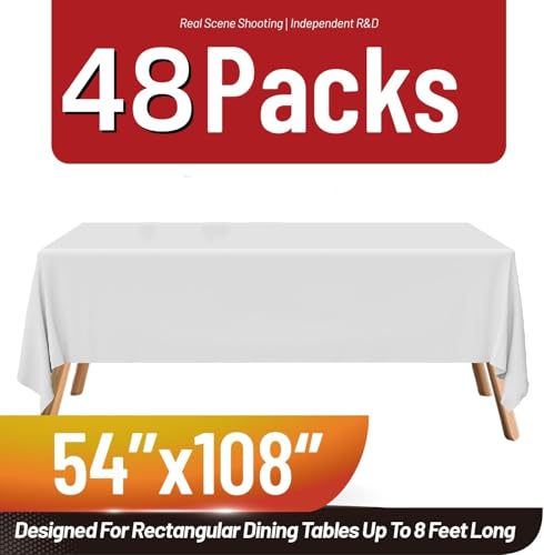 Image of Plastic Table Cloth Disposable, 48 Pack White Plastic Tablecloth 54 x 108 Inch Disposable Tablecloths for Rectangle Tables PEVA Sturdy Leakproof Party Table Cover for Picnics, Birthdays, Weddings