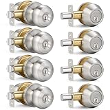 4 Sets Entry Door Knob and Single Cylinder Deadbolt Combo Set, Keyed Alike Round Ball Satin Nickel Exterior Door Knobs with Lock and Keys for Entrance and Front Door