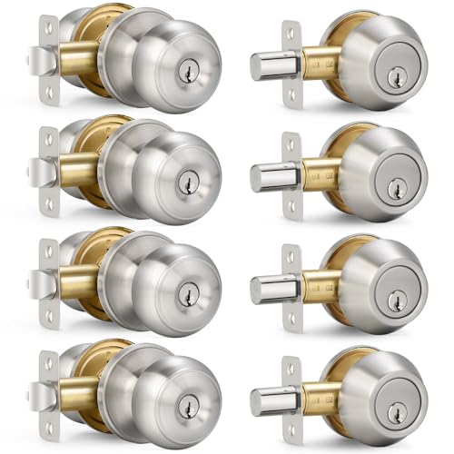 4 Sets Entry Door Knob and Single Cylinder Deadbolt Combo Set, Keyed Alike Round Ball Satin Nickel Exterior Door Knobs with Lock and Keys for Entrance and Front Door