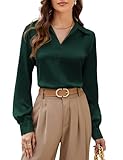 Satin Silk Tops for Women Business Casual Shirts Long Sleeve Office Blouses Slim Fit Dark Green XL