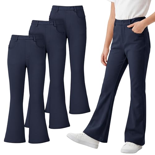 Resinta 3 Pack Girls Uniform Pants, Bell Bottoms for Girls School Uniforms, Flare Pants with Front Buttons & Pockets, 5-15Y