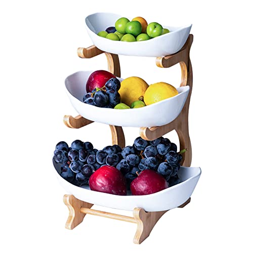 Acasimo Keramik-Obstschalen, weiß, 3 Etagen, ovale Servierschalen, Set mit natürlichem Bambusregal, gestuftes Keramik-Serviertablett-Set für Sushi, Dessert, Obst, Gemüse, Süßigkeiten, Chip-Dip Cover