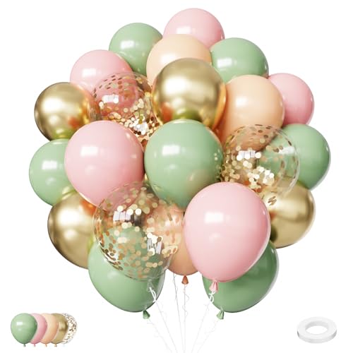 Image of Pink and Green Balloons, 65Pcs Light Pink Balloon, 12In Retro Green and Pink Balloons for Birthday Bridal Shower Baby Shower Decorations