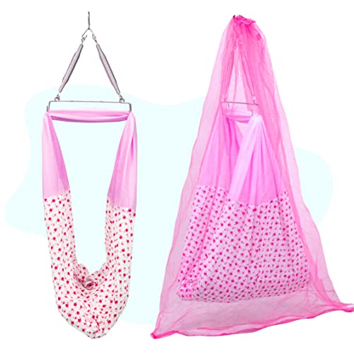 Image of Little Chime New Born Baby Swing Cradle (Jhula) | Cradle Set with Mosquito Net and Triangle Hanger | Weight Capacity Up to 20Kg | Age from 0-24 Months | Evania Ventilated Cradle(Pink) - Cotton
