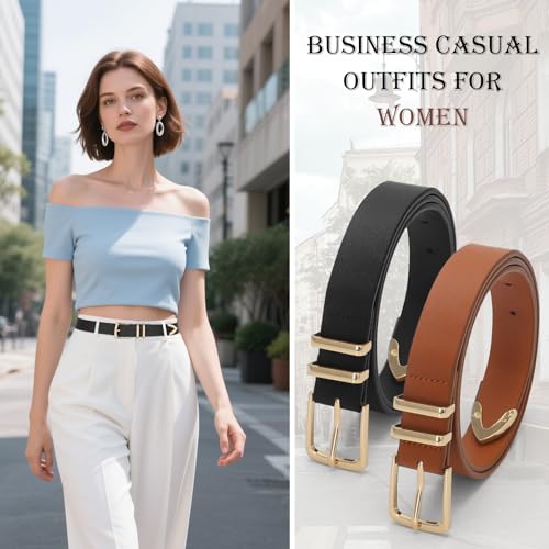 2 Pack Women's Leather Belts for Jeans Dresses Business Casual Outfits Black Leather Belt for Women with Gold Buckle3