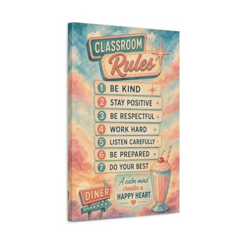 Affiche Toile Classroom Rules Vintage Rose et Bleu Déco Murale Classe 40x60 cm