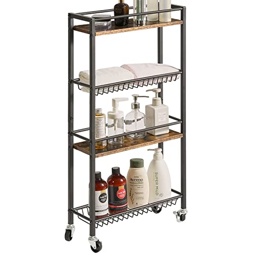 YMYNY-Slim-Kitchen-Storage-Rolling-Cart-4-Tier-Utility-Cart-on-Wheels-for-Narrow-Spaces-Laundry-Room-Dining-Room-Bathroom-327-H-Shelving-Unit-with-Mesh-Baskets-Rustic-Brown-UHBR002H YMYNY Slim Kitchen Storage Rolling Cart 4 Tier Utility Cart on Wheels for Narrow Spaces Laundry Room Dining Room Bathroom 327 H Shelving Unit with Mesh Baskets Rustic Brown UHBR002H
